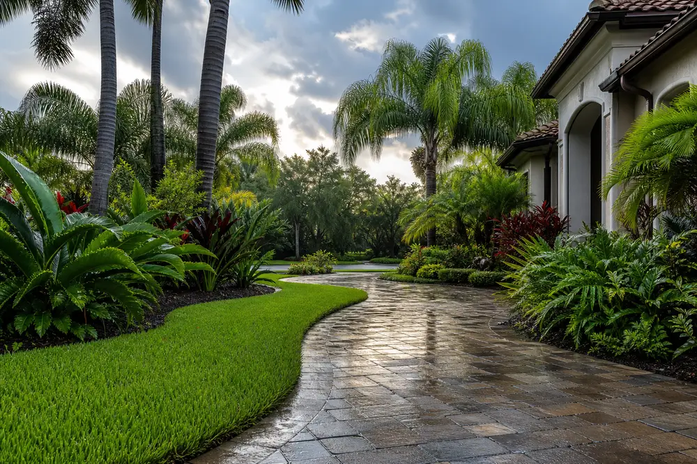 rain refreshed wet pavers